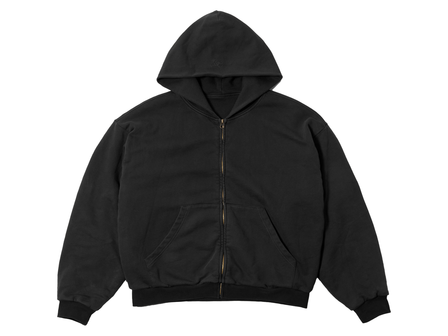 Waffle Lined Shrunken Zip-Up Hoodie Black Overdye