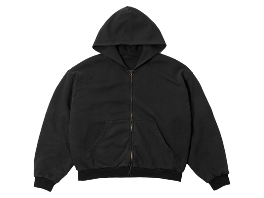 Waffle Lined Shrunken Zip-Up Hoodie Black Overdye