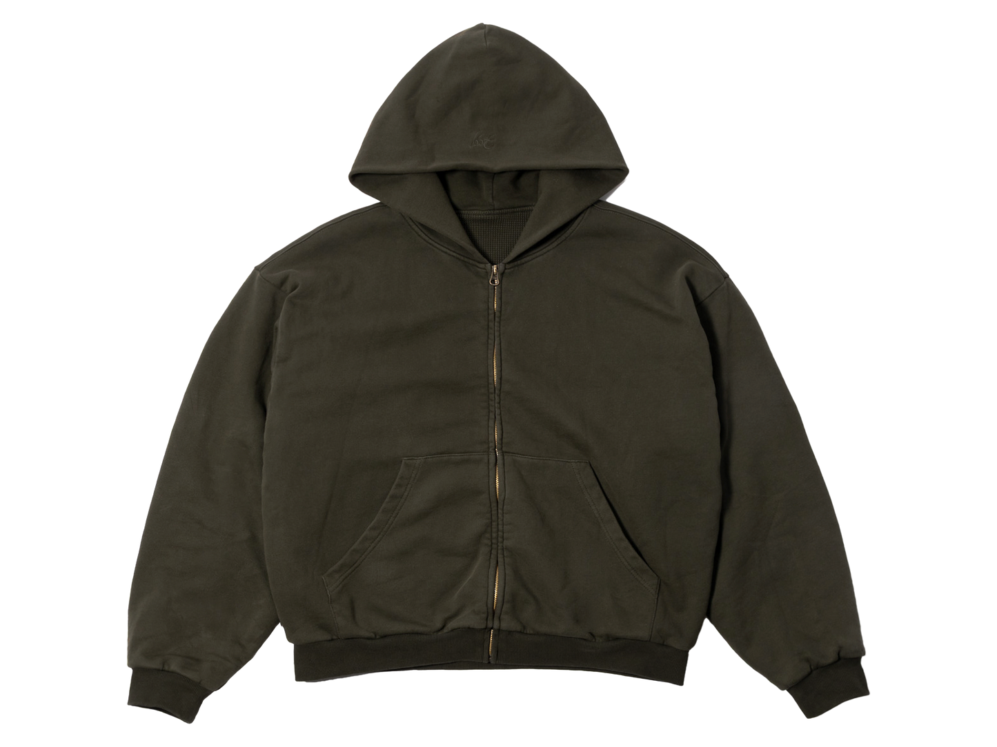 Waffle Lined Shrunken Zip-Up Hoodie Military Green
