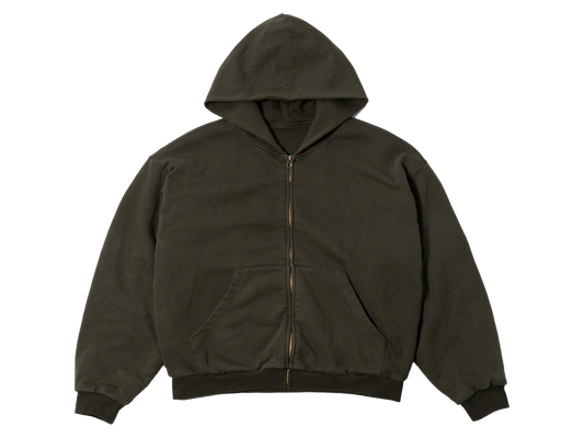 Waffle Lined Shrunken Zip-Up Hoodie Military Green