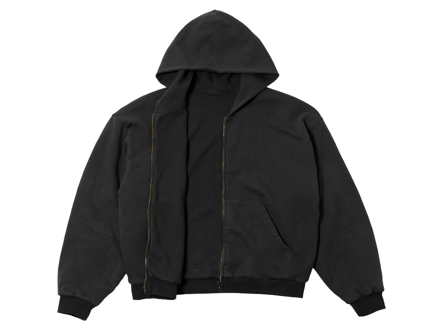 Waffle Lined Shrunken Zip-Up Hoodie Black Overdye