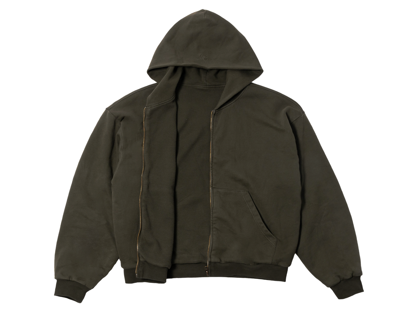 Waffle Lined Shrunken Zip-Up Hoodie Military Green